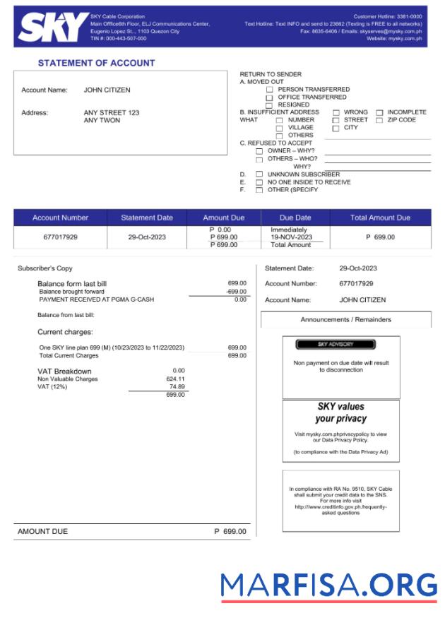 Downloadable Philippines Sky Cable Corporation utility bill Word and PDF template